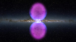 Recreación artística de las burbujas de Fermi vistas desde fuera de la galaxia, pero en el mismo plano del disco. Estas emisiones, al no ser en el rango visible, no se verían tan claras.