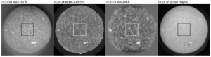 Imagen comparativa de observaciones del disco solar en momentos cercanos con distintos instrumentos y en diferentes longitudes de onda.