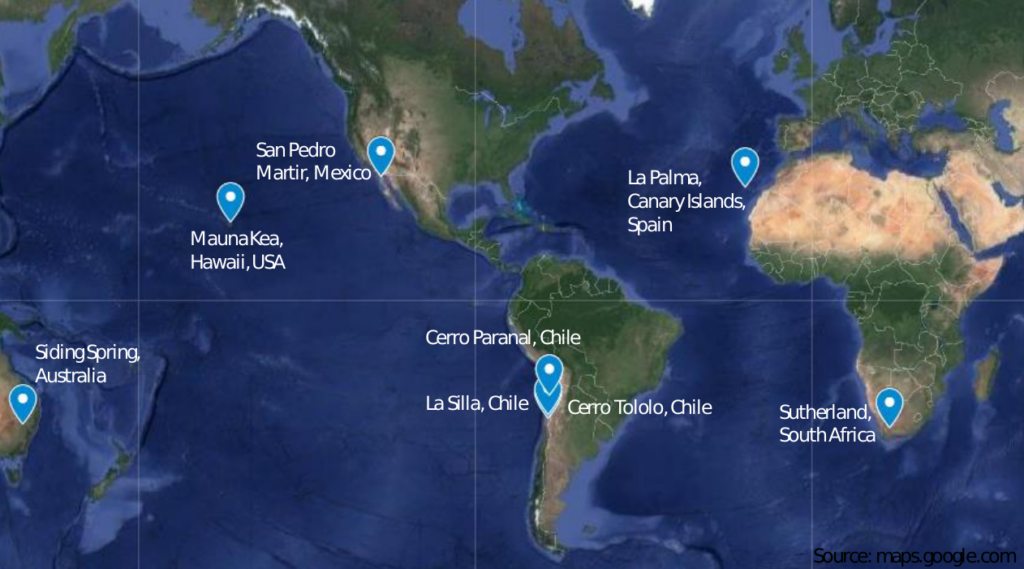 mapa del mundo donde se señalan cinco lugares en canarias, sudáfrica, méxico, chile, hawaii y australia