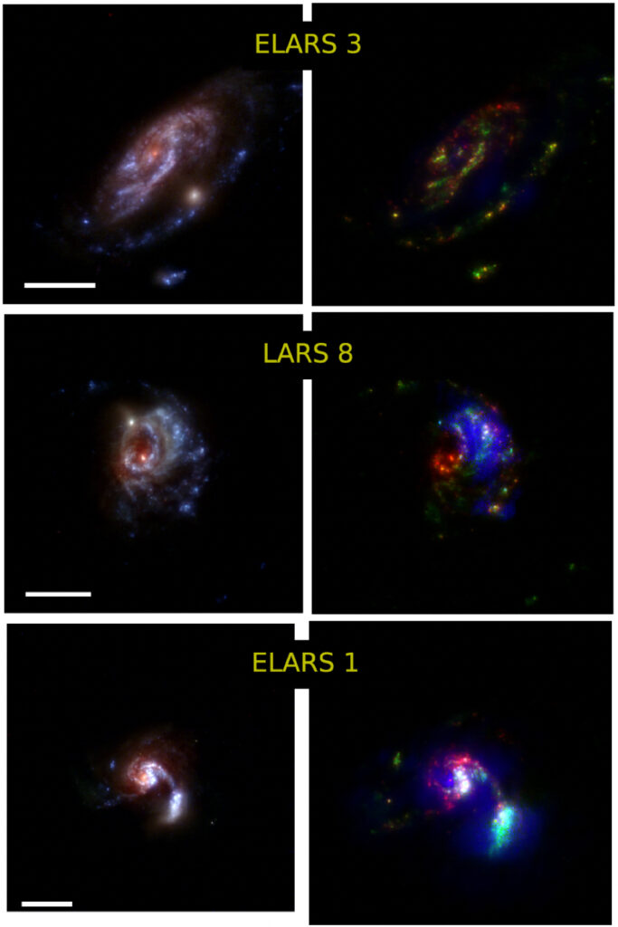 Seis cuadrados con imágenes a falso color RGB de tres galaxias. Para cada galaxia se muestra su emisión en continuo y en tres rangos de interés.