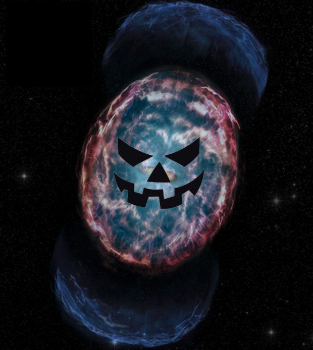 Nebulosidad en el espacio con cara terrorífica, como de calabaza de halloween.